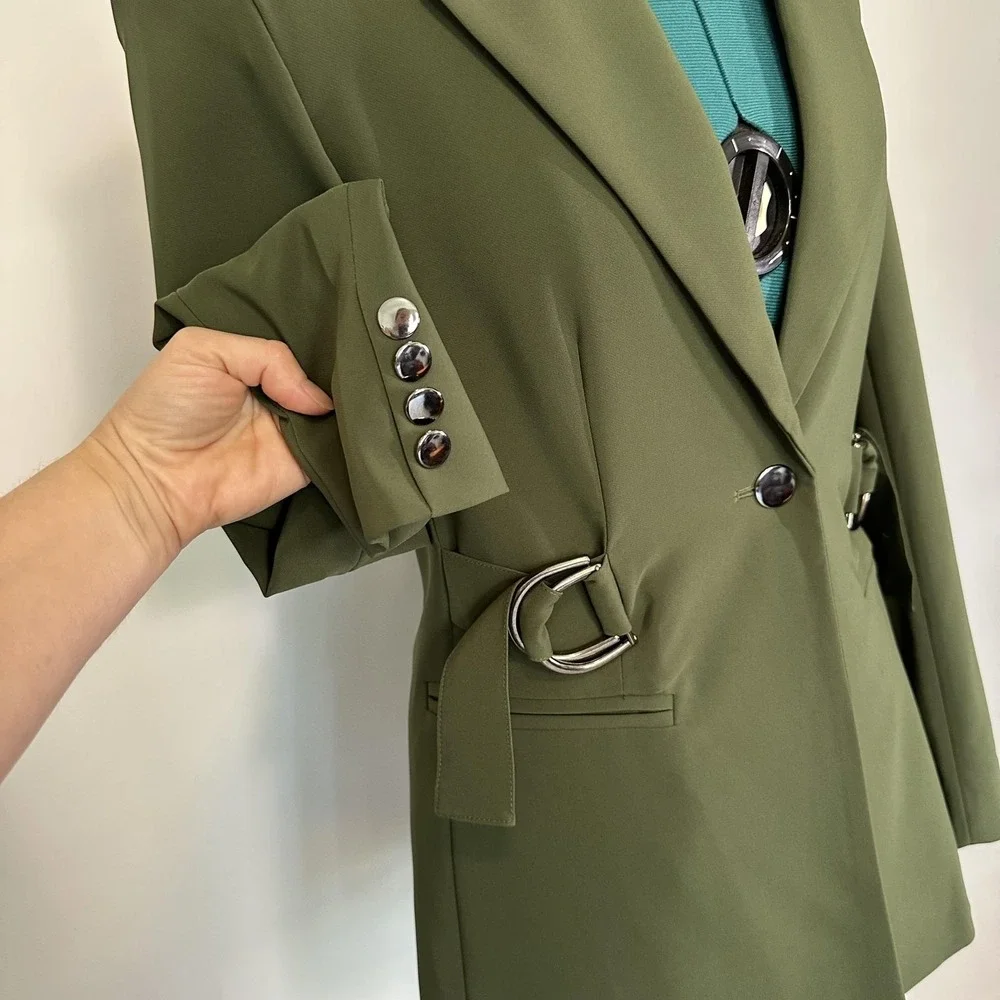 LITA by Ciara Blazer Womens XS Olive Green Belted D-Ring Jacket Made Italy LS7-1 - Picture 8 of 12